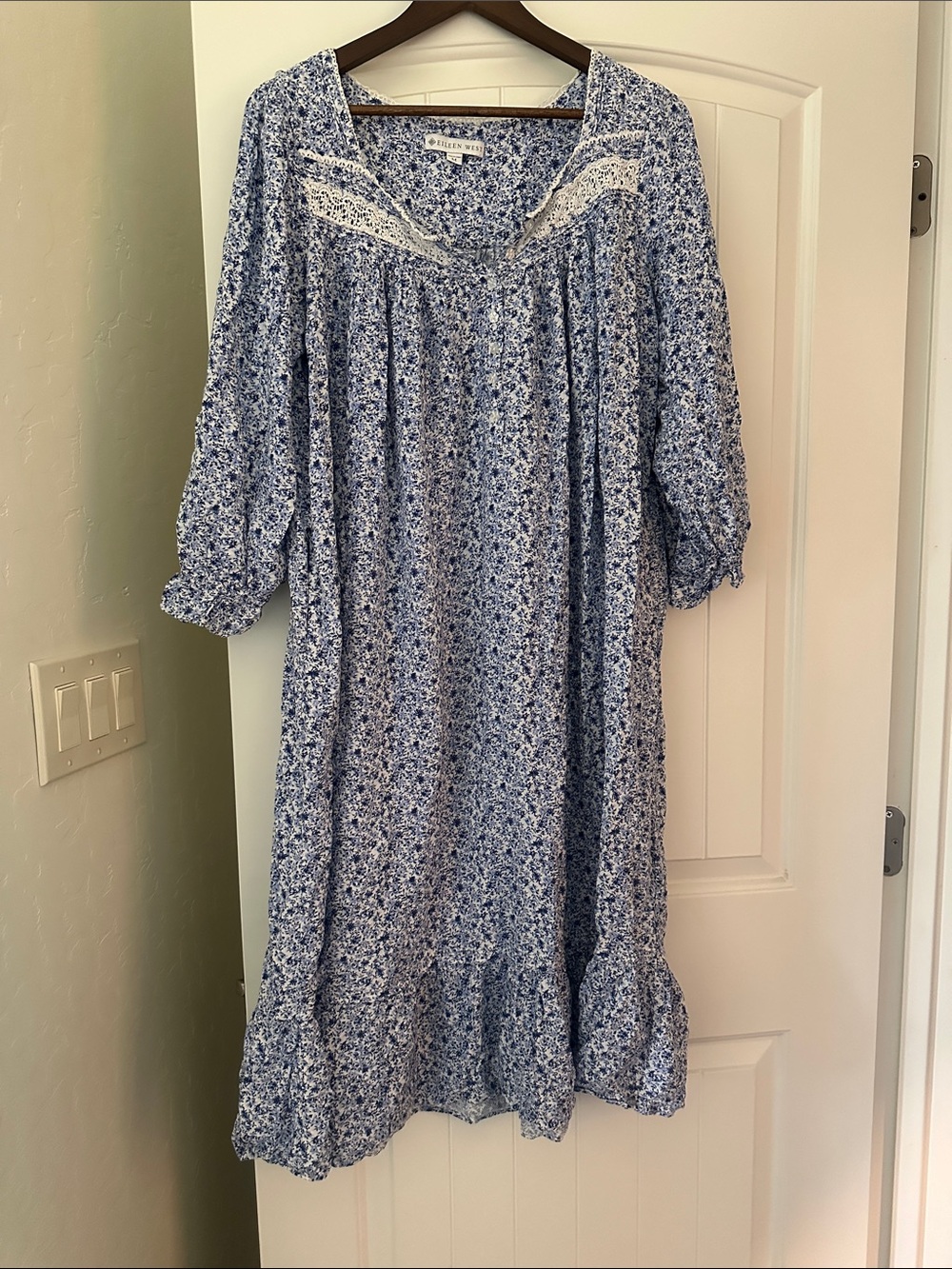Eileen West Blue Floral Lace-Trim Midi Dress